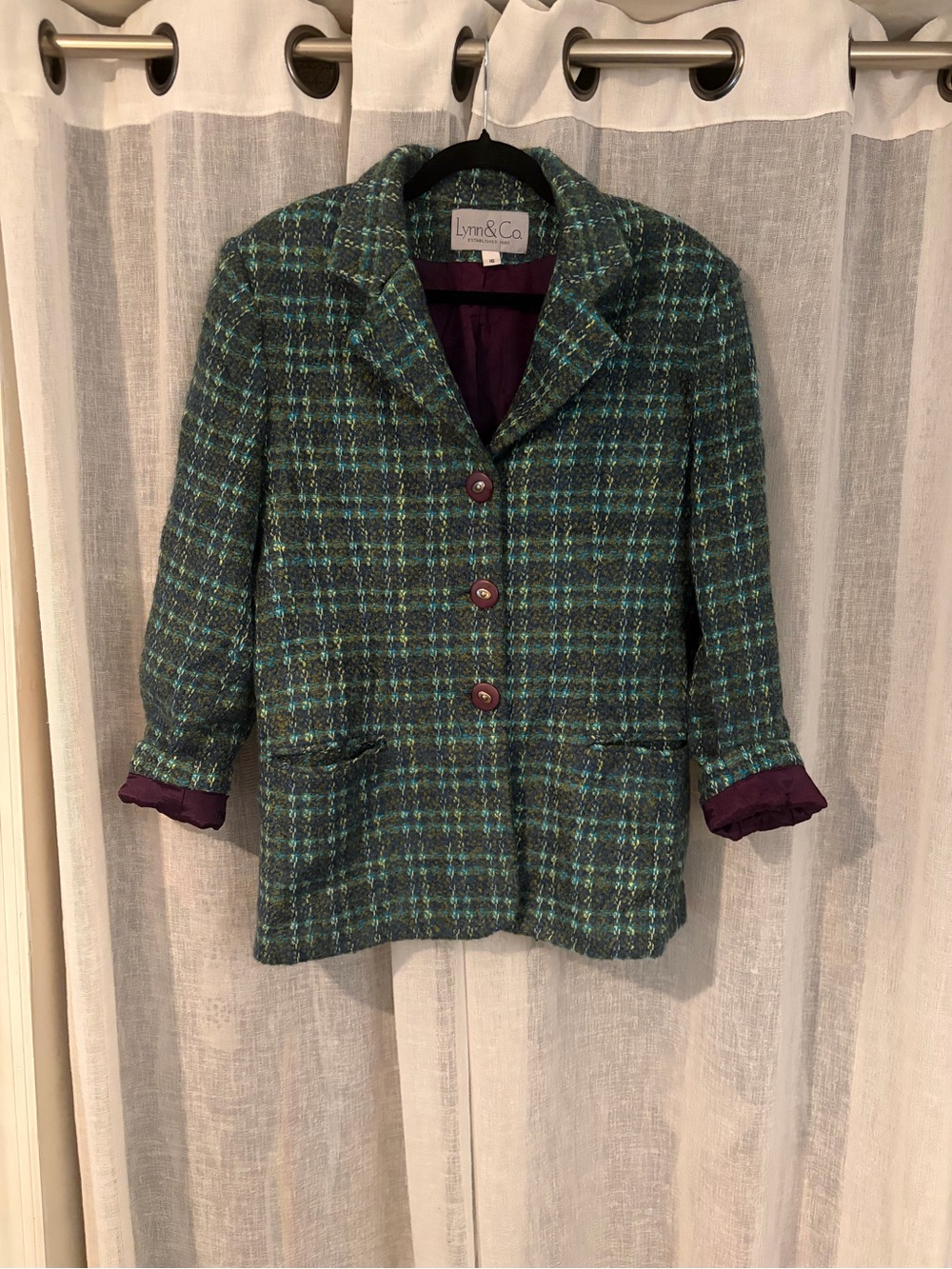Vintage Lynn & Co Women’s 16 Wool Blend Tweed Blazer Teal Green Plaid Made USA